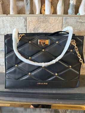 Michael Kors Serena Black Quilted Satchel with Gold Chain & Studs